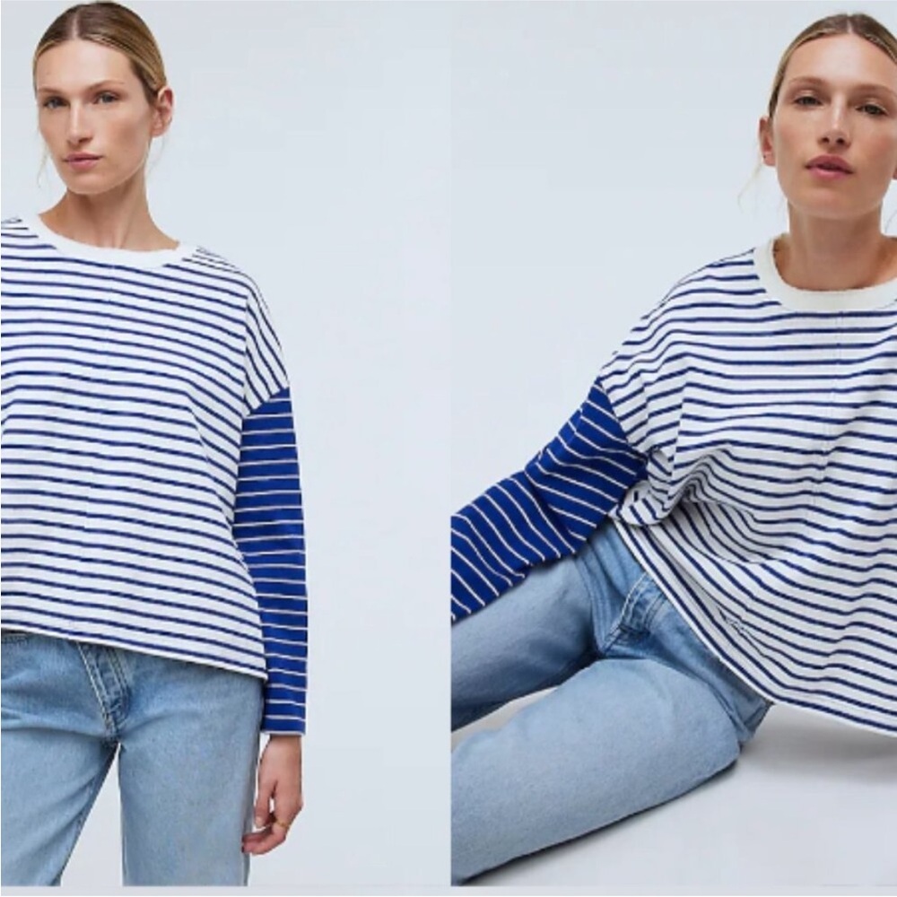 Madewell Easy Long Sleeve Rugby Tee in  Striped Blue and White Top Size M